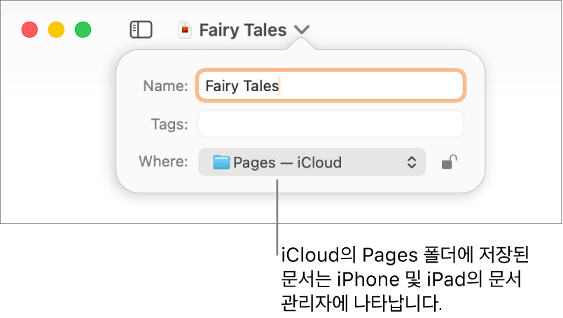 Pages 문서의 저장 대화상자—위치 팝업 메뉴 안의 iCloud.