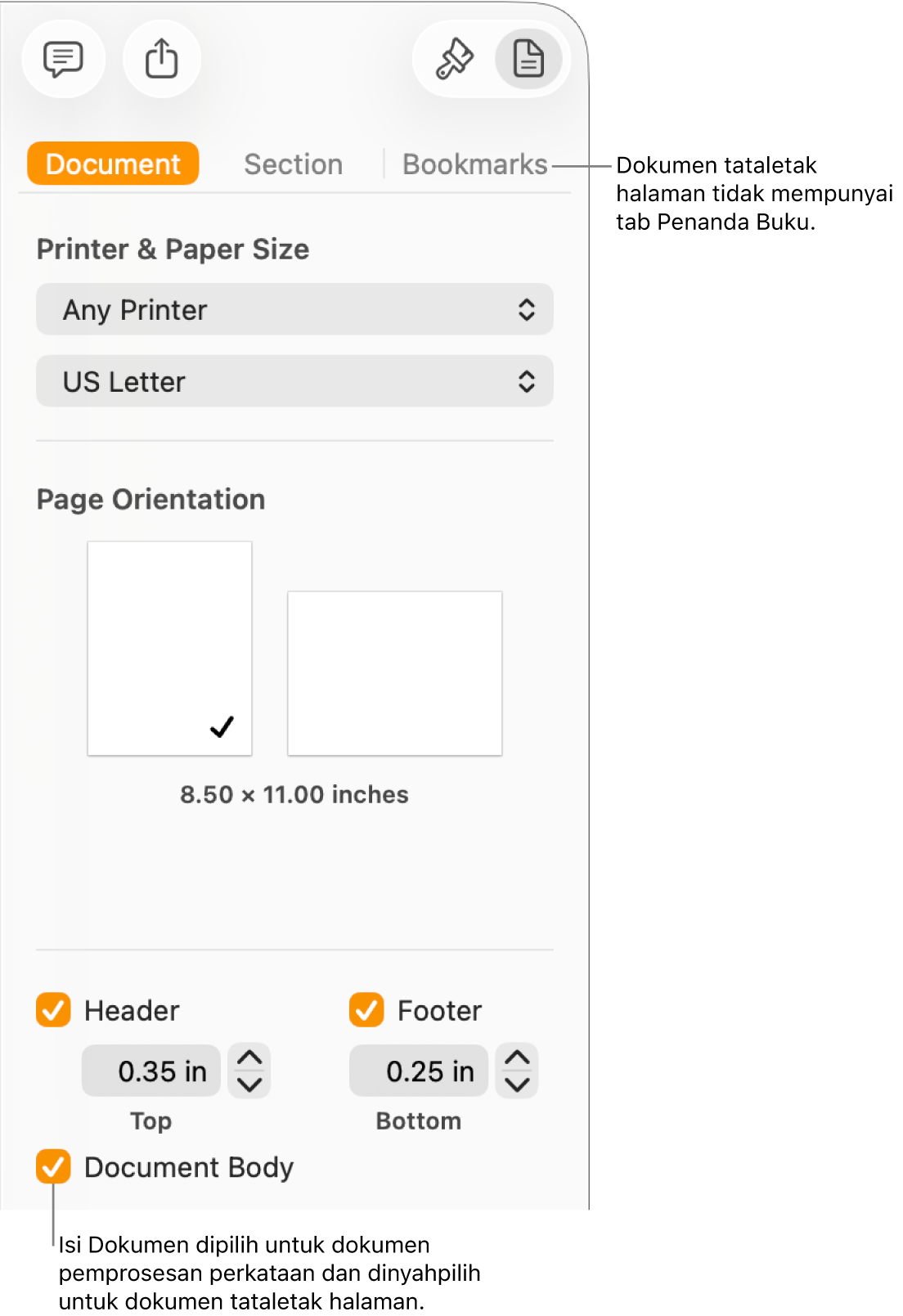 Bar sisi Format dengan tab Dokumen, Bahagian dan Penanda Buku di bahagian atas. Tab Dokumen dipilih dan petak bual ke tab Penanda Buku menyatakan yang dokumen tataletak halaman tidak mempunyai tab Penanda Buku. Kotak semak Isi Dokumen dipilih, yang juga menandakan bahawa ini ialah dokumen pemprosesan perkataan.