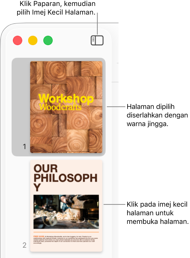 Bar sisi di sebelah kiri tetingkap Pages dengan paparan Imej Kecil Halaman terbuka dan halaman dipilih diserlahkan dengan warna jingga gelap.