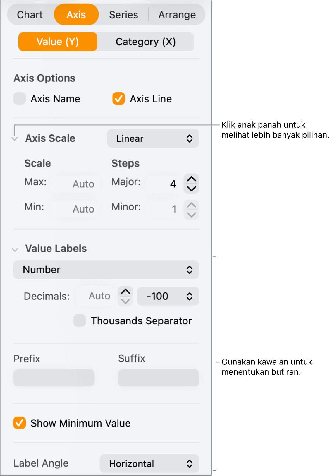 Kawalan untuk memformatkan tanda paksi carta.