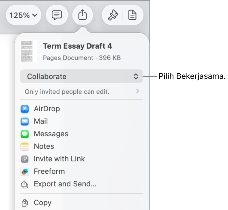 Menu Kongsi dengan Bekerjasama dipilih di bahagian atas dan seting akses serta keizinan di bahagian bawah.