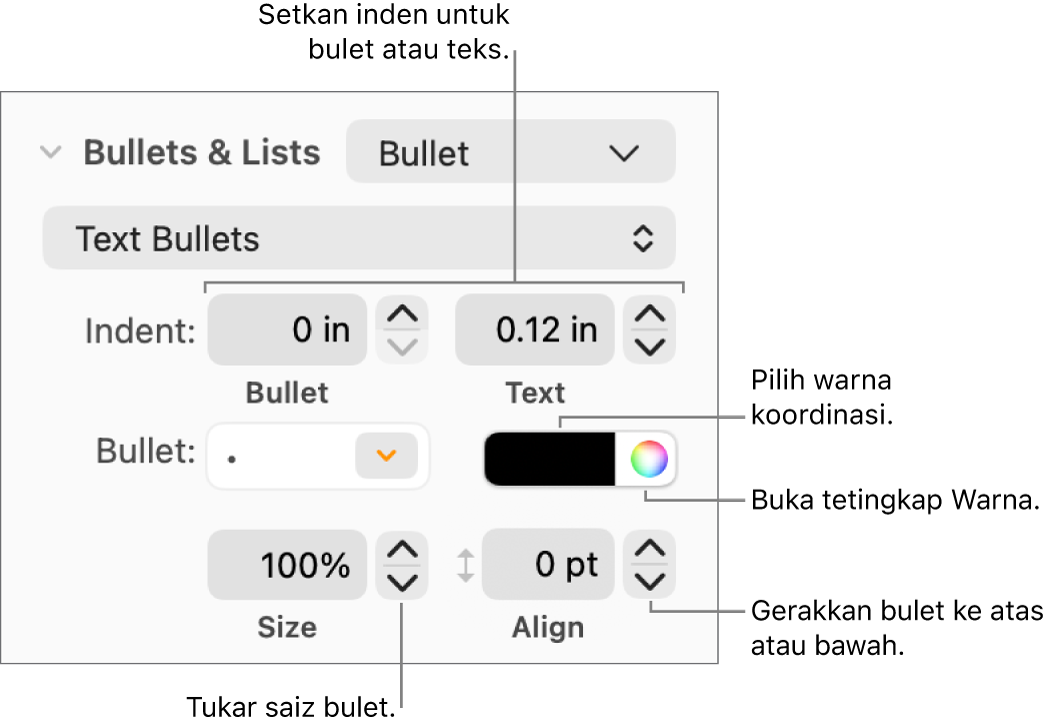 Bahagian Bulet & Senarai dengan petak bual ke kawalan untuk bulet dan inden teks, warna bulet, saiz bulet dan penjajaran.