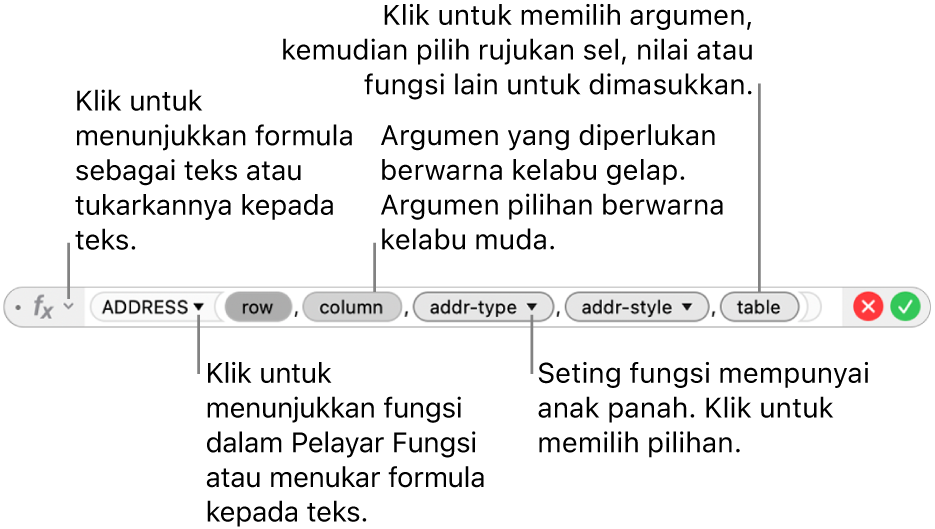 Editor Formula menunjukkan fungsi ADDRESS dan token argumennya.