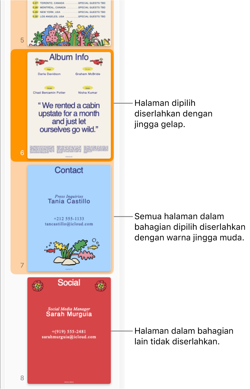 Bar sisi Paparan Imej Kecil dengan halaman dipilih diserlahkan dengan warna jingga gelap dan semua halaman dalam bahagian dipilih diserlahkan dengan warna jingga muda.