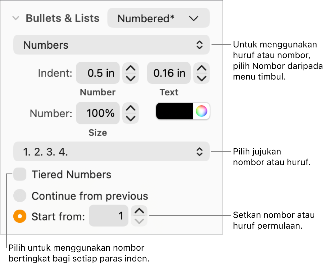 Kawalan untuk menukar gaya nombor dan jarak senarai.