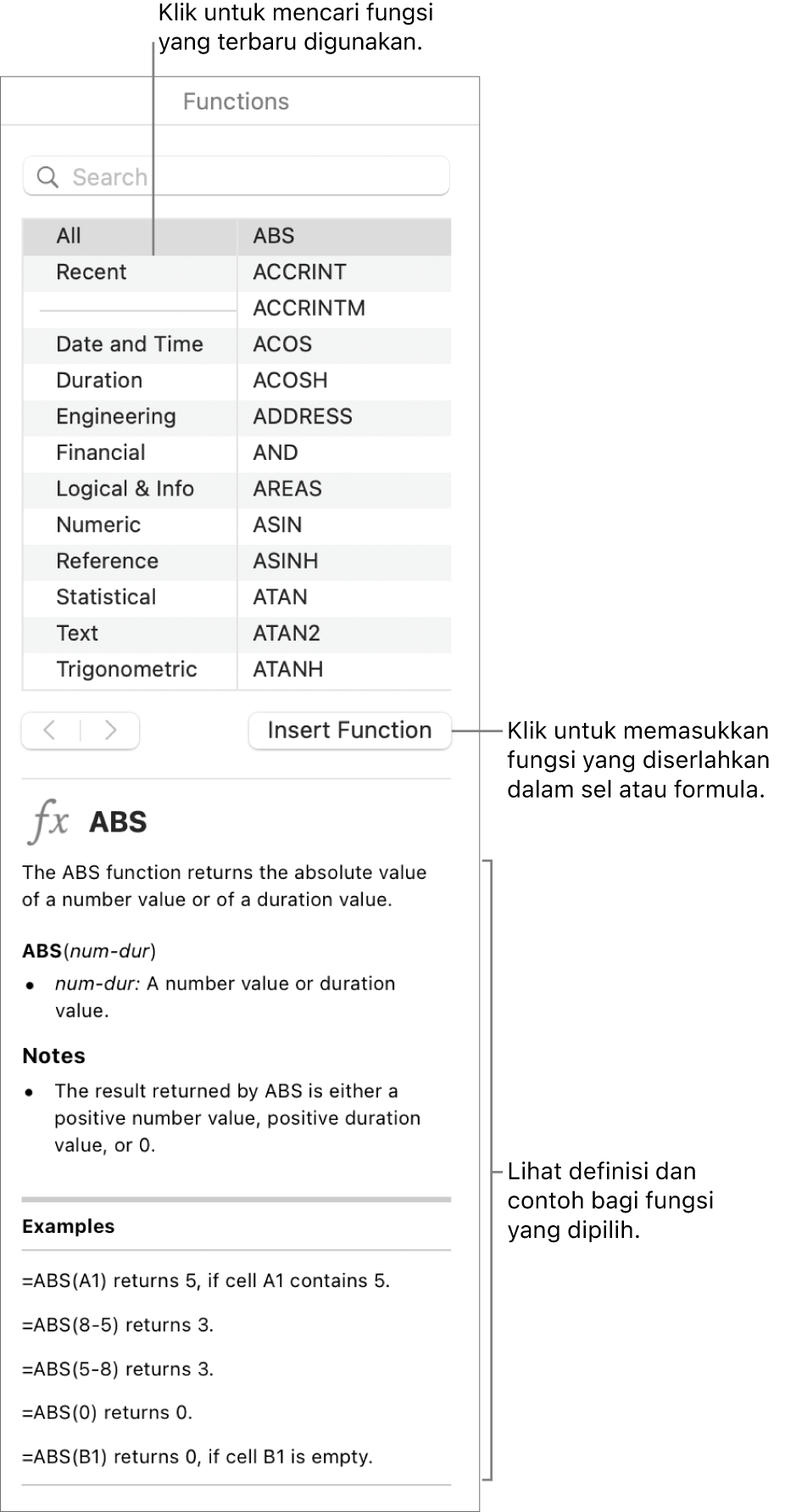 Pelayar Fungsi dengan petak bual ke fungsi yang terbaru digunakan, butang Masukkan Fungsi dan definisi fungsi.