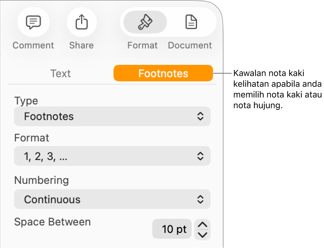 Anak tetingkap Nota Kaki menunjukkan menu timbul untuk Jenis, Format, Penomboran dan ruang antara nota.