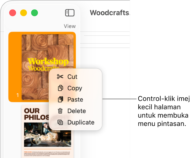 Paparan Imej Kecil Halaman dengan satu imej kecil dipilih dan menu pintasan dibuka.