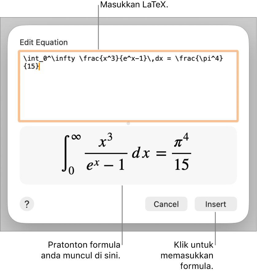 Formula kuadratik ditulis menggunakan LaTeX dalam medan Persamaan dan pratonton formula di bawah.