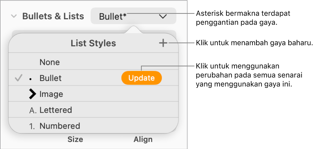 Menu timbul Gaya Senarai dengan asterisk yang menunjukkan penggantian dan petak bual pada butang Gaya Baharu dan submenu pilihan untuk menguruskan gaya.
