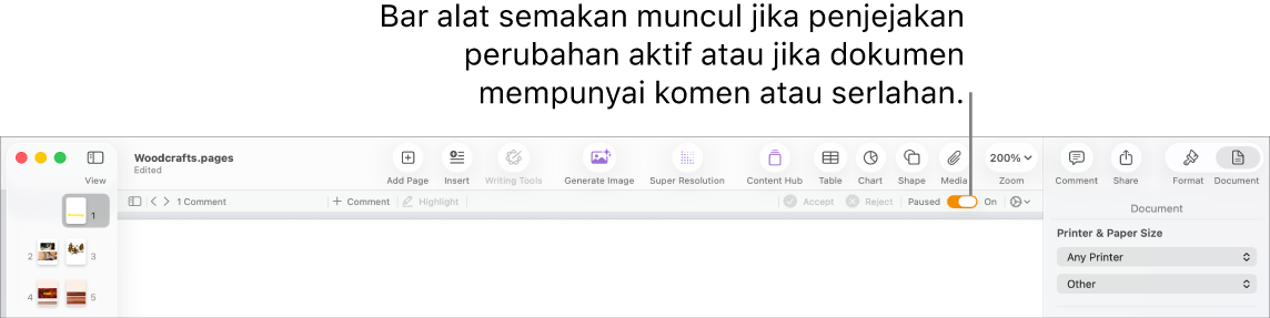 Bar alat Pages dengan penjejakan perubahan aktif dan bar alat semakan di bawah bar alat Pages.