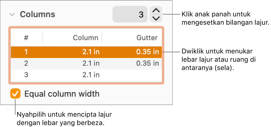 Anak tetingkap Tataletak pemeriksa Format, menunjukkan kawalan lajur.