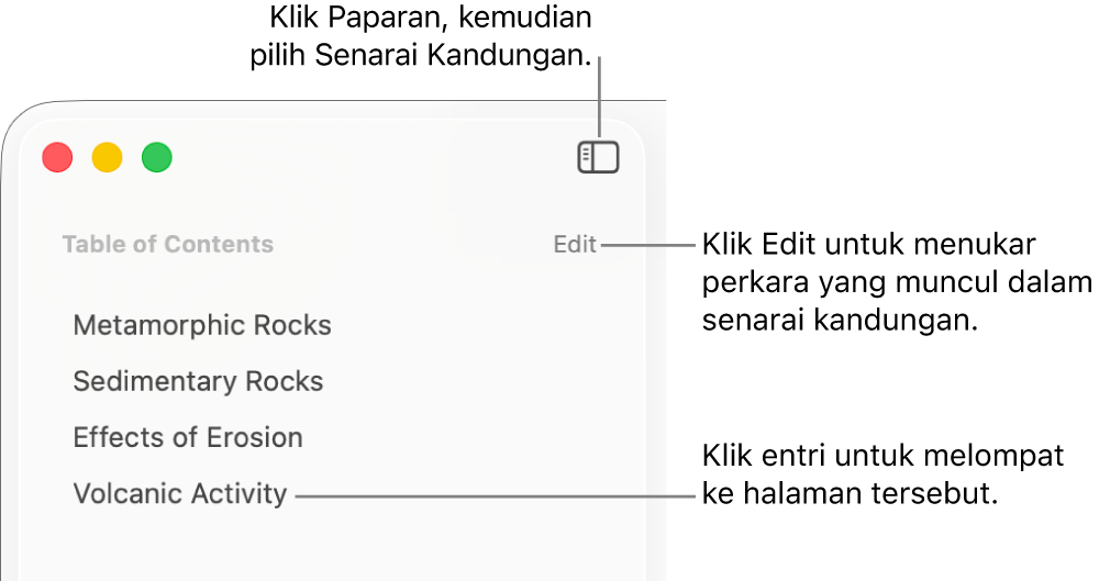 Senarai kandungan pada sebelah kiri tetingkap Pages dengan butang Edit di penjuru kanan atas bar sisi dan entri senarai kandungan dalam senarai. Butang Paparan adalah di penjuru kiri atas bar alat Pages, di atas bar sisi.