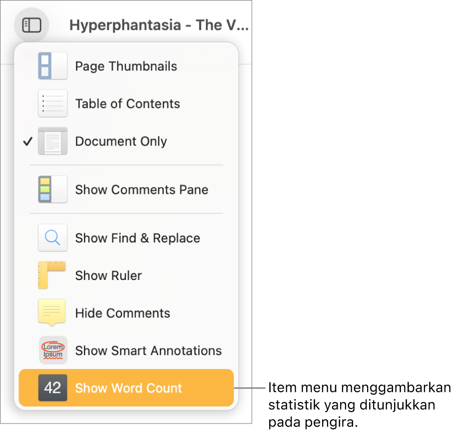Menu Paparan terbuka dengan Tunjukkan Kiraan Aksara berhampiran bahagian bawah.