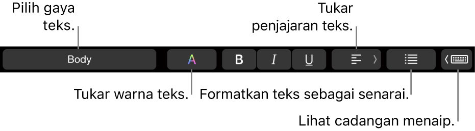 Touch Bar MacBook Pro dengan kawalan untuk memilih gaya teks, menukar warna teks, menukar penjajaran teks, memformatkan teks sebagai senarai dan menunjukkan cadangan menaip.