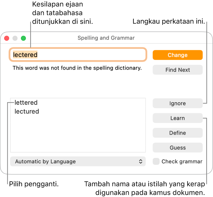 Tetingkap Ejaan dan Tatabahasa.