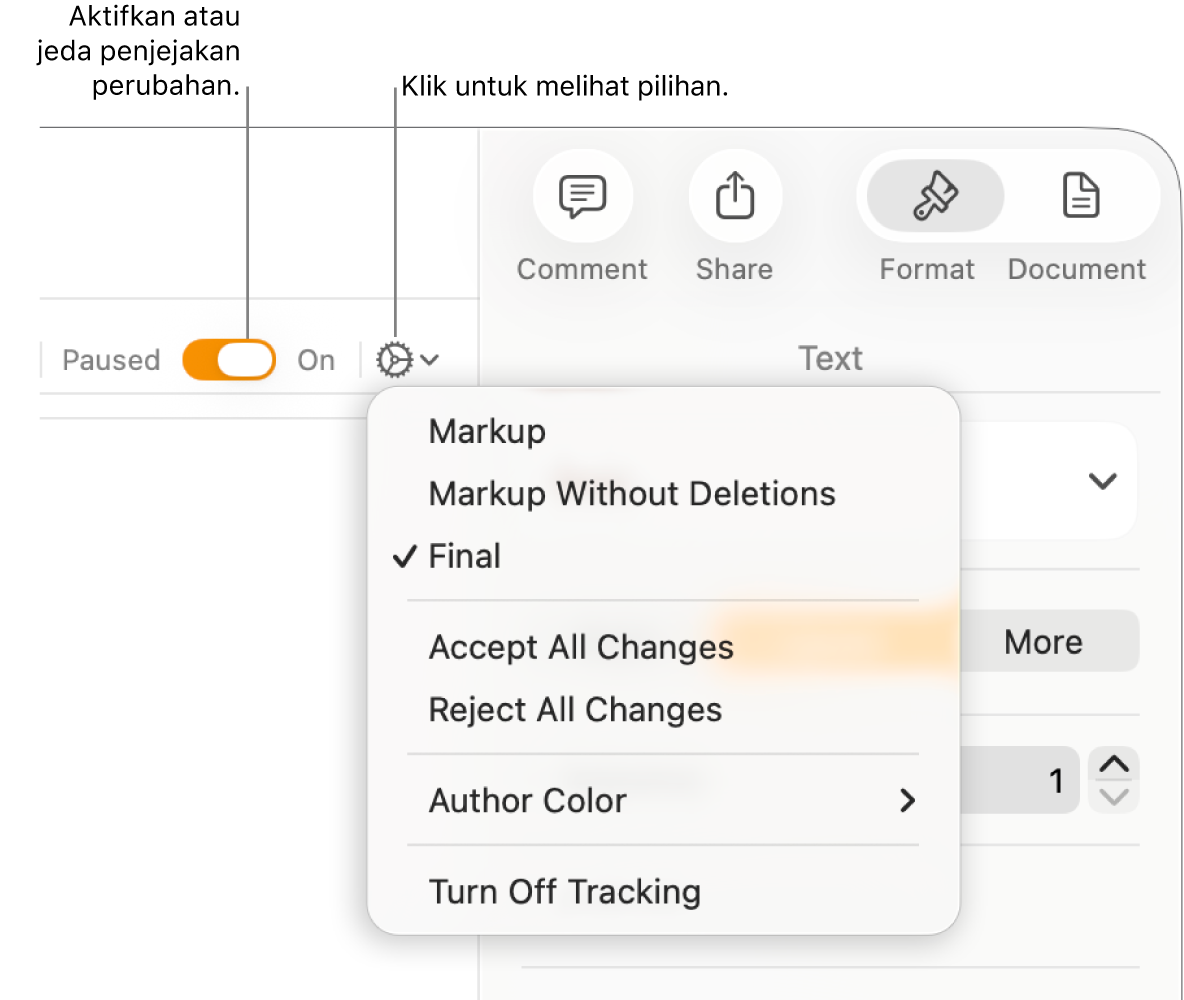 Menu pilihan penjejakan yang menunjukkan Nyahaktifkan Penjejakan di bahagian bawah dan petak bual ke butang Penjejakan Aktif dan Dijeda.
