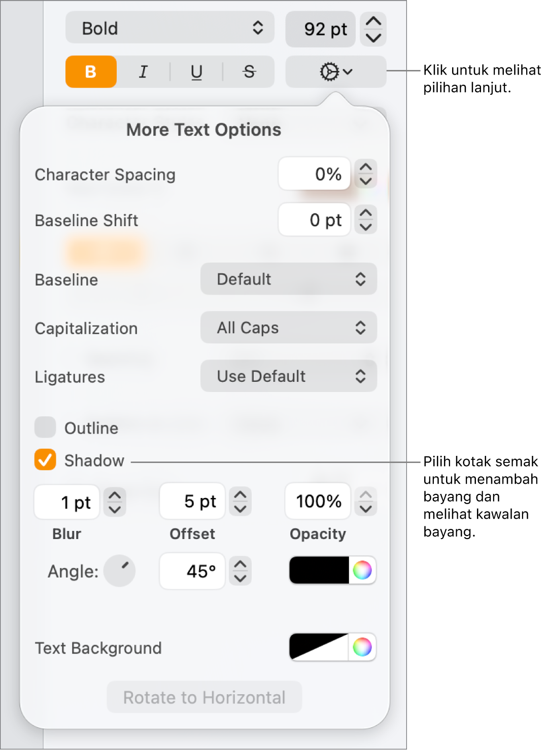 Menu Pilihan Lanjutan terbuka dan kotak semak Bayang dipilih dan kawalan untuk mengesetkan kabur, ofset, kelegapan, sudut dan warna.