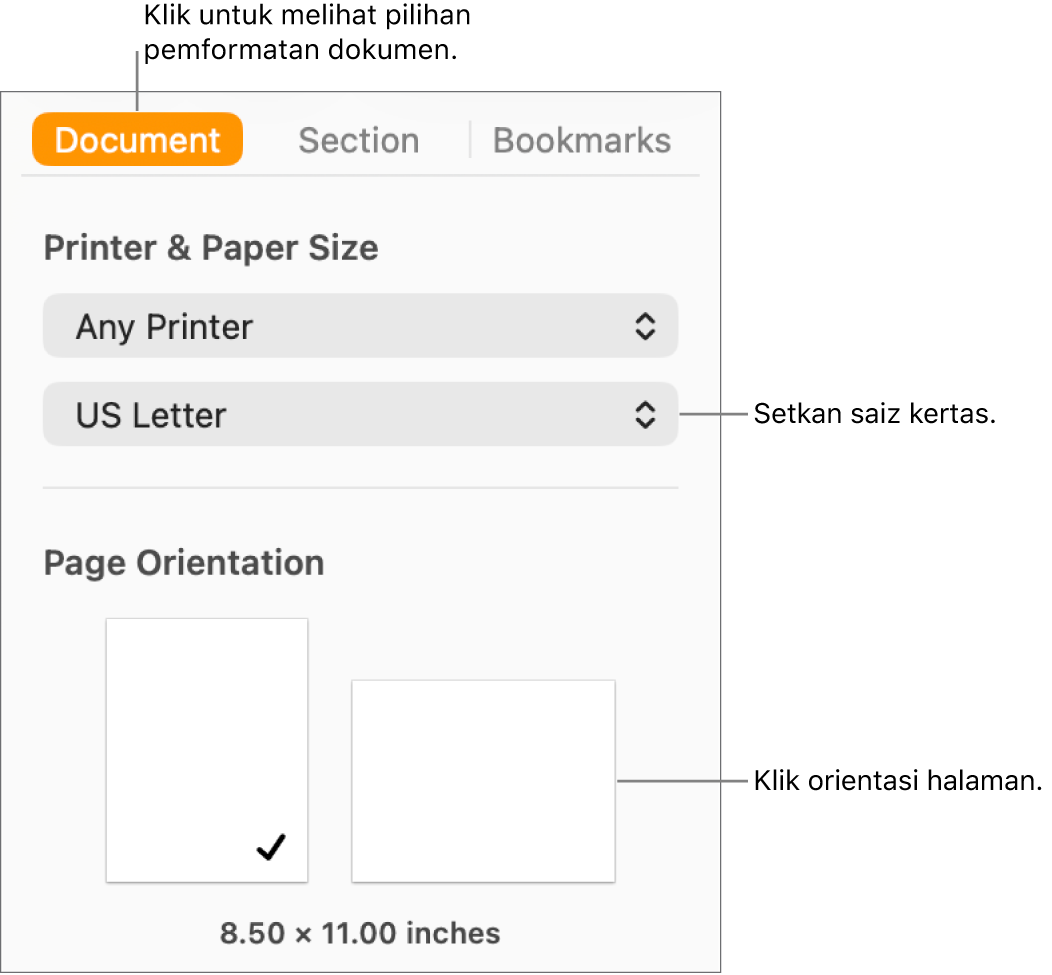 Bar sisi Dokumen dengan tab Dokumen di bahagian atas bar sisi dipilih. Dalam bar sisi ialah menu timbul untuk mengesetkan saiz kertas dan butang untuk orientasi halaman potret dan landskap.