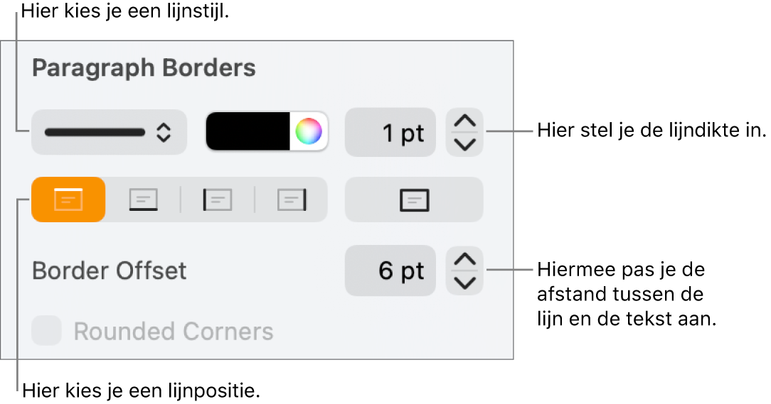 Regelaars voor het wijzigen van de stijl, dikte, positie en kleur van de lijn.