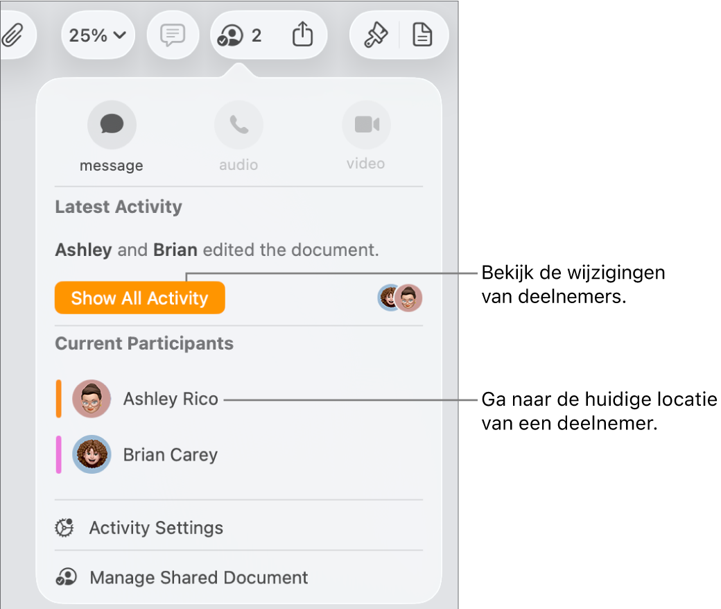 Het samenwerkingsmenu met daarin de namen van twee huidige deelnemers.