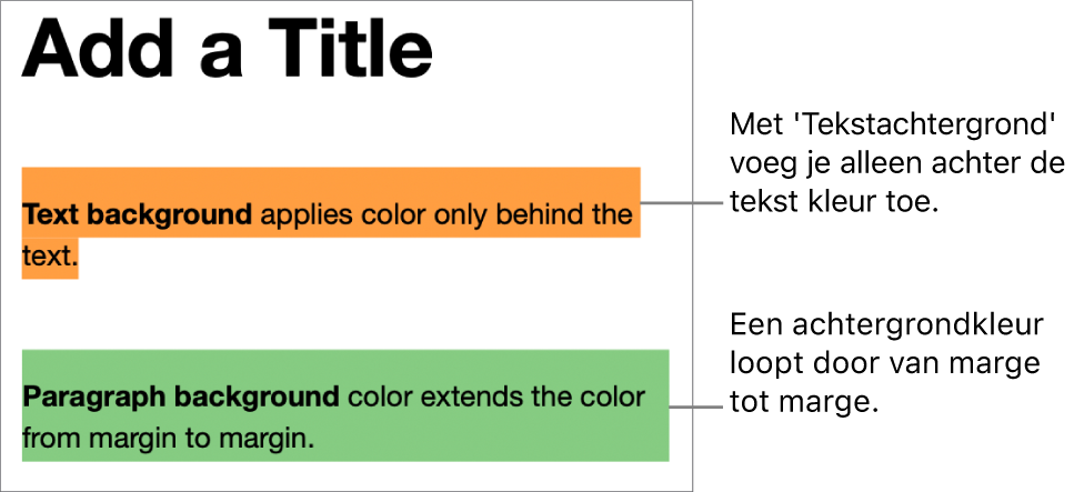 Een alinea met alleen kleur achter de tekst en een tweede alinea met kleur die als een kleurblok van marge tot marge doorloopt.