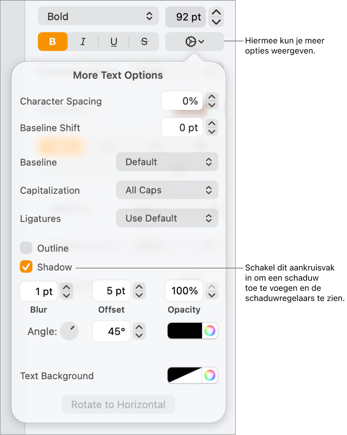 Het menu met geavanceerde opties met het aankruisvak 'Schaduw' ingeschakeld en regelaars voor het instellen van de vervaging, afstand, ondoorzichtigheid, hoek en kleur.