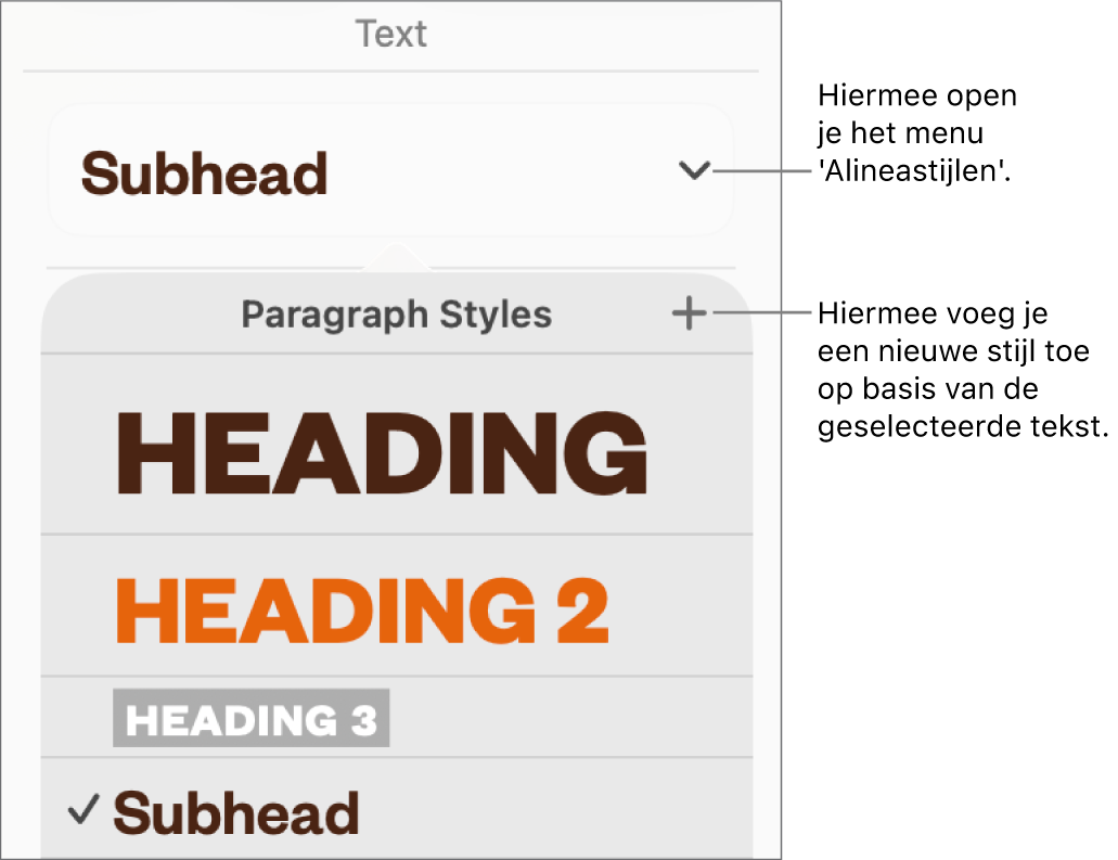 Het menu 'Alineastijlen' met regelaars voor het toevoegen of wijzigen van een stijl.