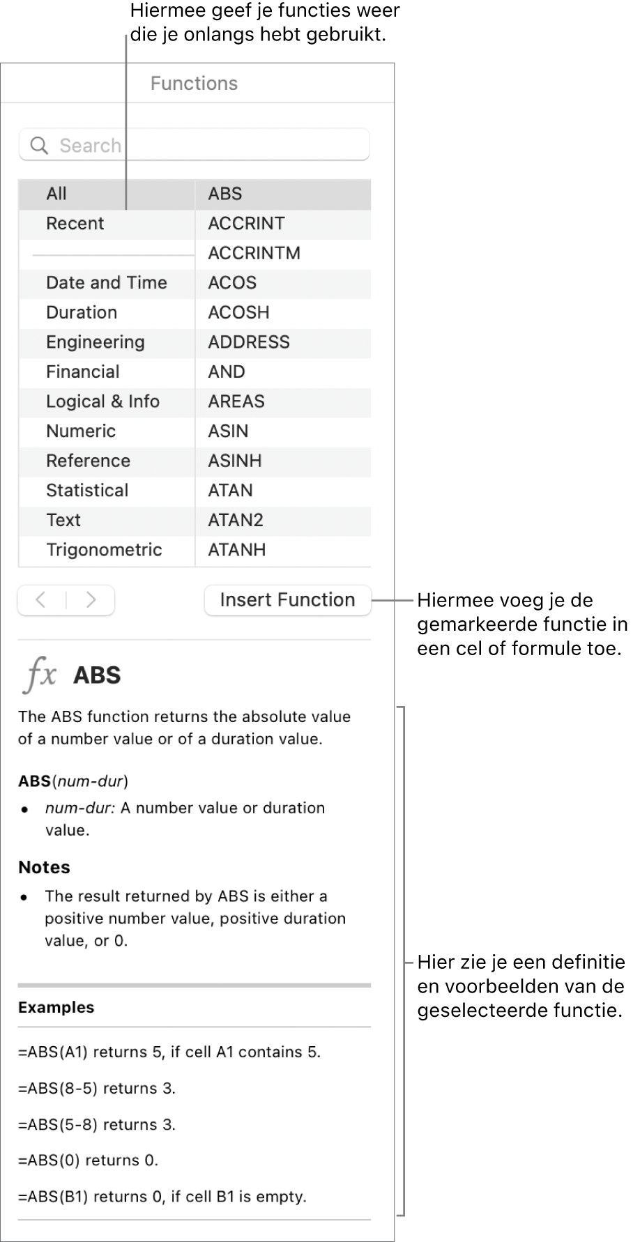 De functiekiezer met uitleg bij recent gebruikte functies, de knop 'Voeg functie in' en de omschrijving van de functie.