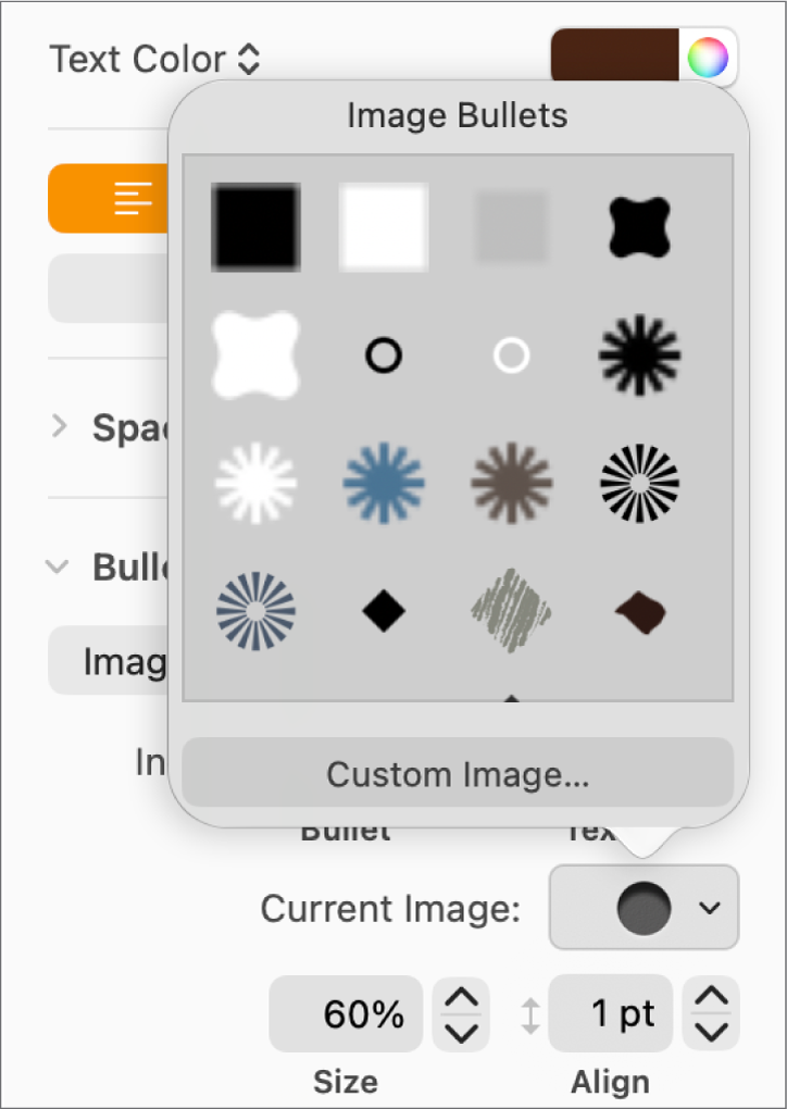 Het pop‑upmenu 'Opsommingstekens met afb.'.