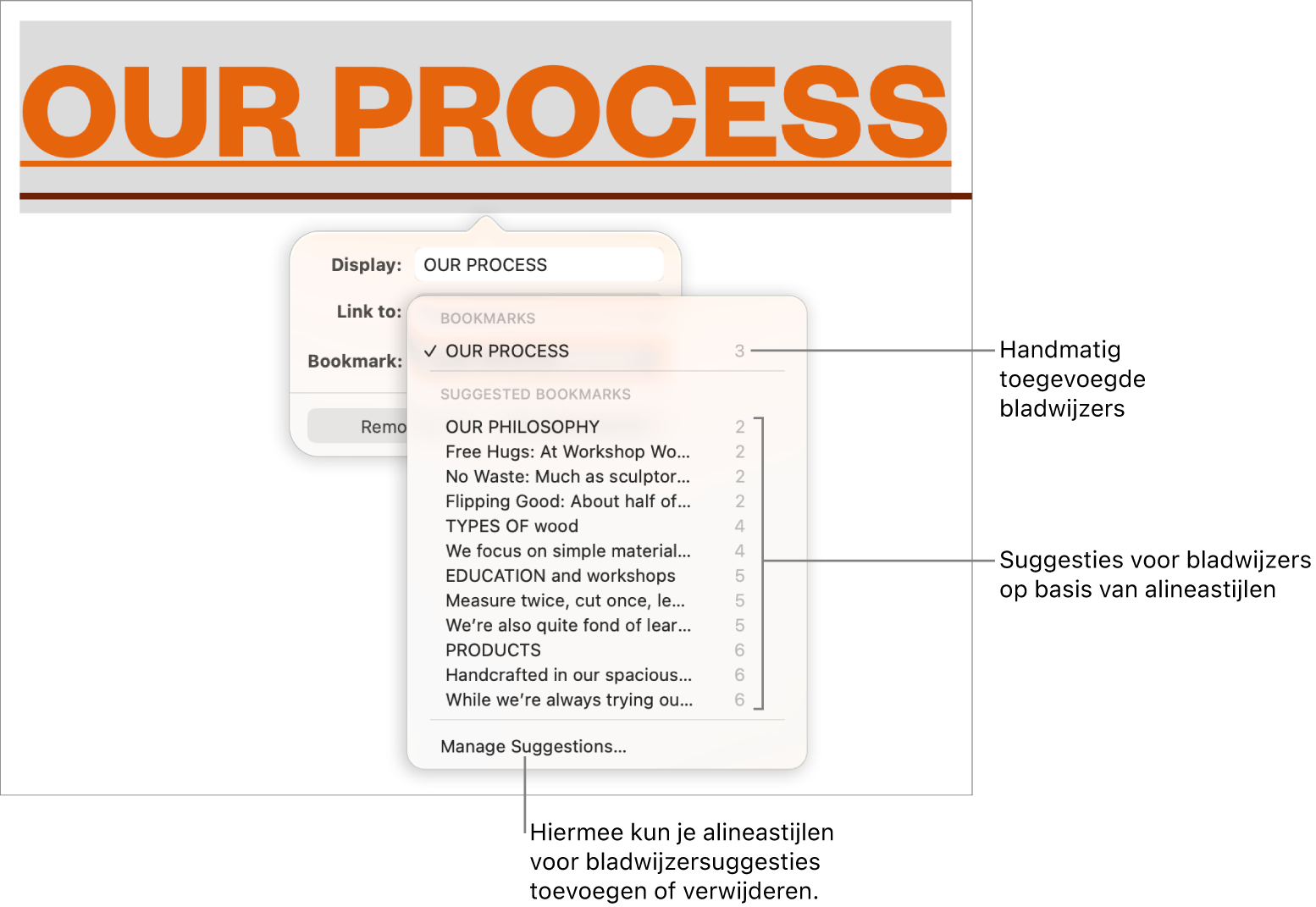 De lijst met bladwijzers met bovenaan de handmatig toegevoegde bladwijzers en daaronder de bladwijzersuggesties. Helemaal onderaan staat de optie 'Beheer suggesties'.