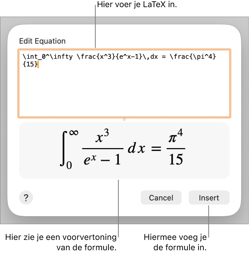 In het veld 'Vergelijking' staat een LaTeX-wortelformule, met daaronder een voorvertoning van de formule.