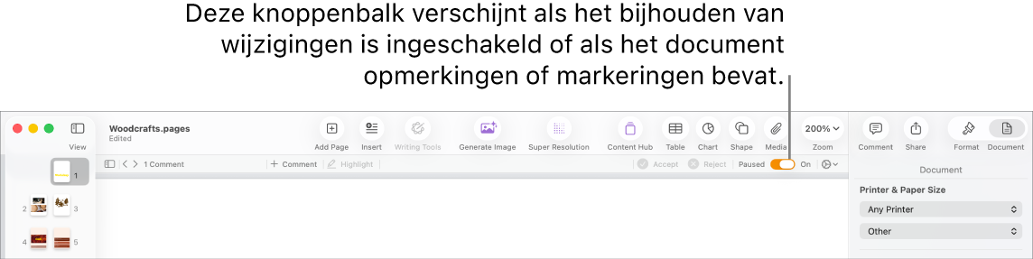 De Pages-knoppenbalk met de functie voor het bijhouden van wijzigingen ingeschakeld, en onder de Pages-knoppenbalk de knoppenbalk met controlefuncties.