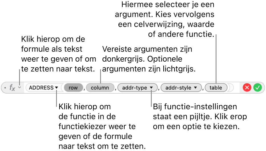 De formule-editor met de ADRES-functie en de bijbehorende argumenttokens.