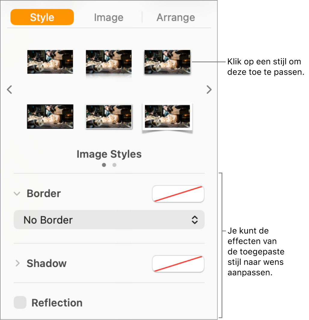 Het tabblad 'Stijl' van de navigatiekolom 'Opmaak' met stijlopties voor het object.