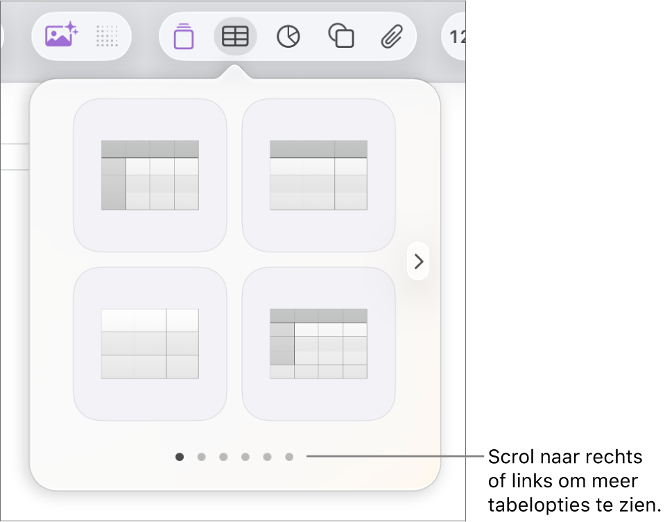 Het tabelmenu met navigatiepijlen.