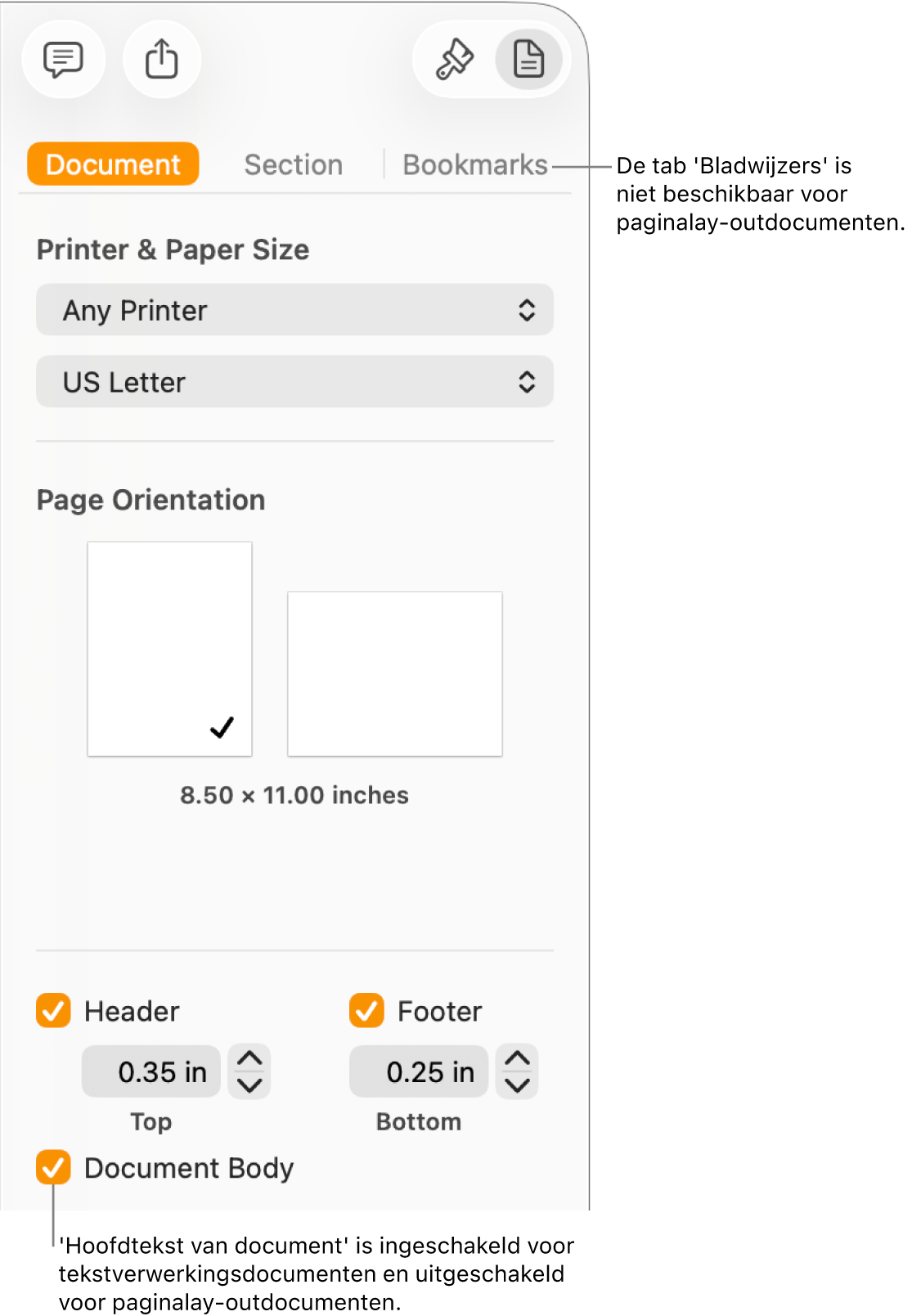 De navigatiekolom 'Opmaak' met bovenaan de tabs 'Document', 'Sectie' en 'Bladwijzers'. De tab 'Document' is geselecteerd en in het bijschrift bij de tab 'Bladwijzers' staat dat deze tab niet beschikbaar is voor paginalay-outdocumenten. Het aankruisvak 'Hoofdtekst van document' is ingeschakeld, wat ook aangeeft dat het document een tekstverwerkingsdocument is.
