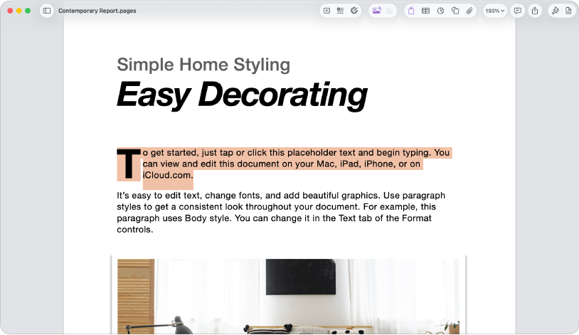 Een geopend document waarin plaatsaanduidingstekst is geselecteerd.