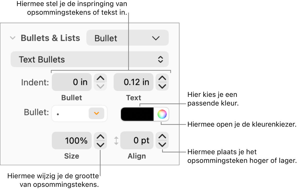 Het gedeelte 'Opsommingstekens en lijsten' met uitleg bij de regelaars voor opsommingstekens en het inspringen van tekst, de kleur en grootte van opsommingstekens, en uitlijning.