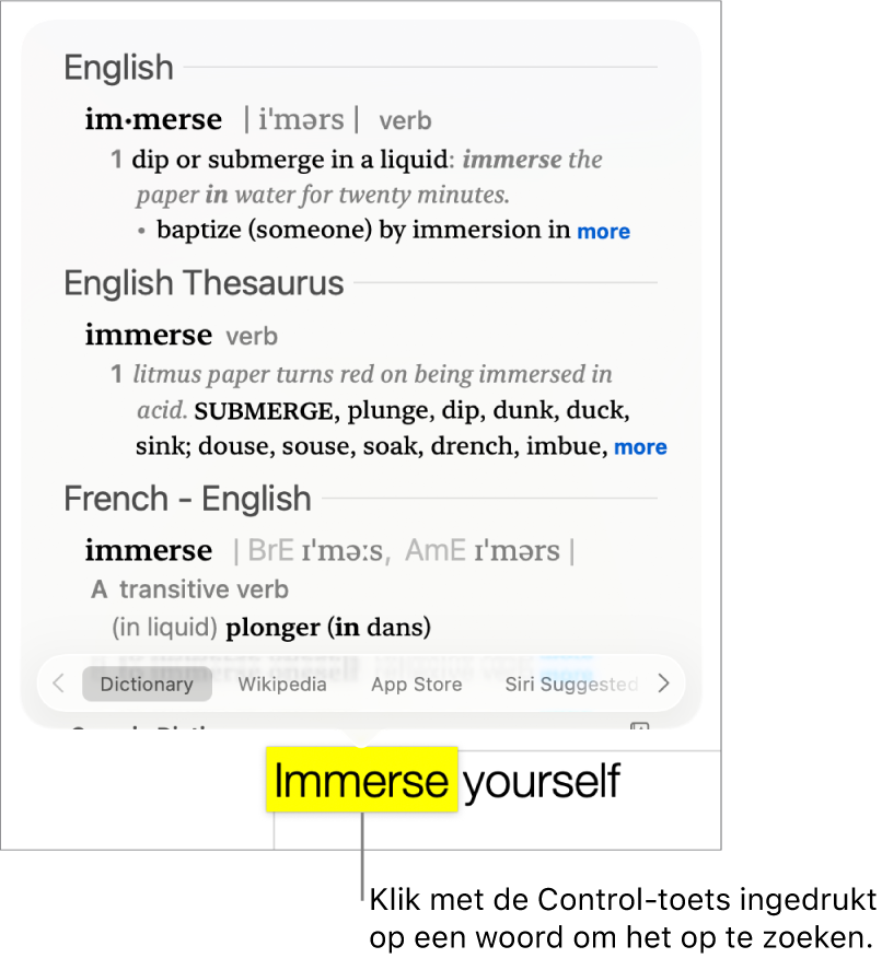 Een alinea met een gemarkeerd woord en een venster met daarin de definitie en een thesaurus-lemma van dat woord. Onder in het venster staan knoppen voor het woordenboek, Wikipedia en Siri-websitesuggesties.