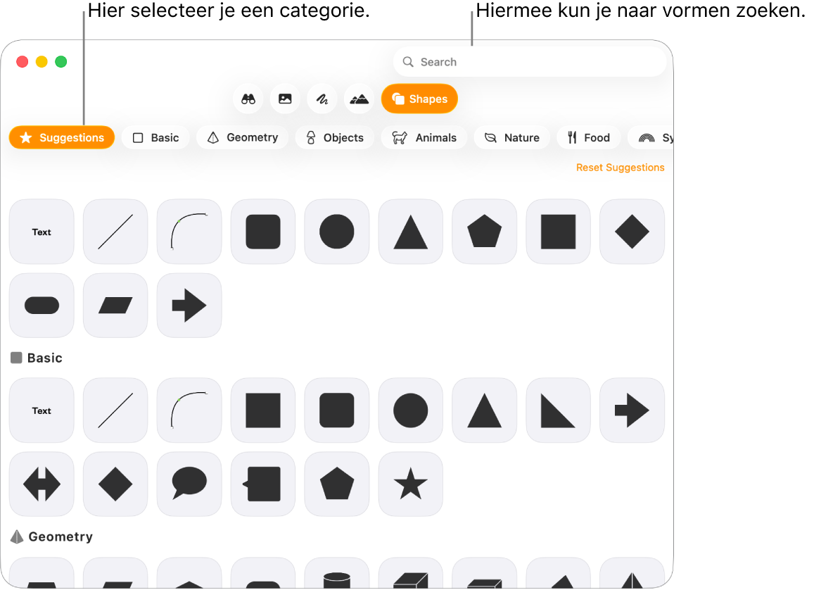 De vormenbibliotheek met links een lijst met categorieën en rechts vormen. Je kunt het zoekveld bovenaan gebruiken om vormen te zoeken. Scrol om meer opties weer te geven.