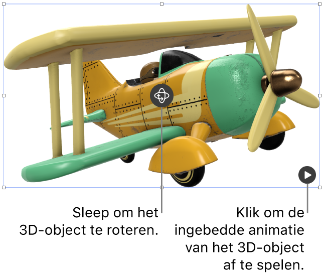 Een 3D-object met de roteerknop in het midden van het object en de afspeelknop in de rechterbenedenhoek.