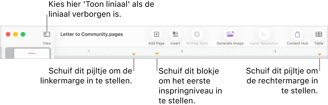 De liniaal met de regelaar voor de linkermarge en de regelaar voor het inspringniveau van de eerste regel.