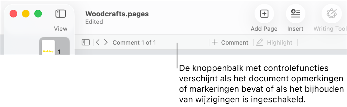 De Pages-knoppenbalk boven in het scherm met knoppen voor Weergave, Zoom, Voeg pagina toe, Voeg in, Tabel, Diagram, Tekst, Vorm, Media en Opmerking. Onder de Pages-knoppenbalk staat de knoppenbalk met controlefuncties met een knop voor het verbergen of weergeven van opmerkingen, pijlen om naar de vorige of volgende opmerking te gaan, het totale aantal opmerkingen en knoppen voor het toevoegen van een opmerking of markering.