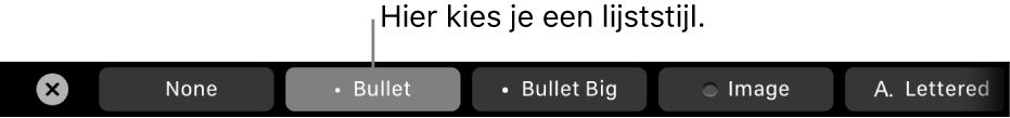 De Touch Bar op een MacBook Pro met regelaars voor het kiezen van een lijststijl.