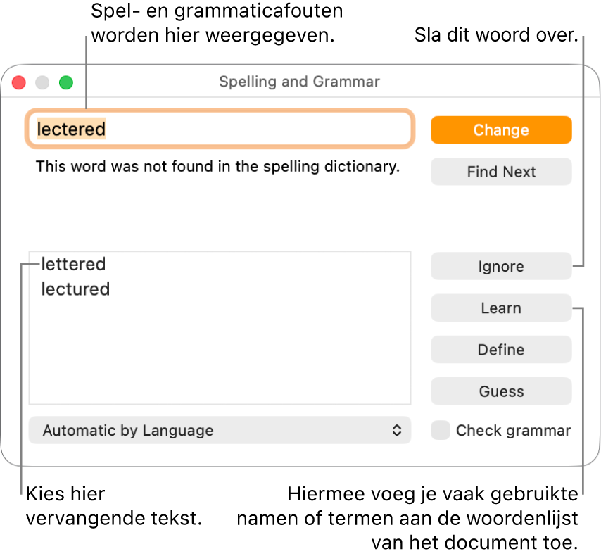 Het venster 'Spelling en grammatica'.