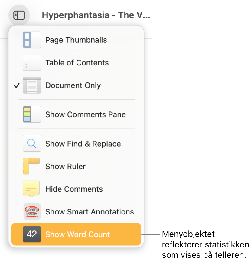 Vis-menyen åpen med Vis tegnantall nesten nederst.