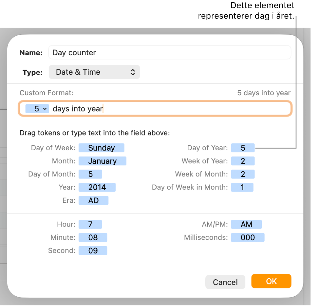 Tilpasset celleformat-vinduet, med kontroller for å velge tilpasset dato- og tidformatering.