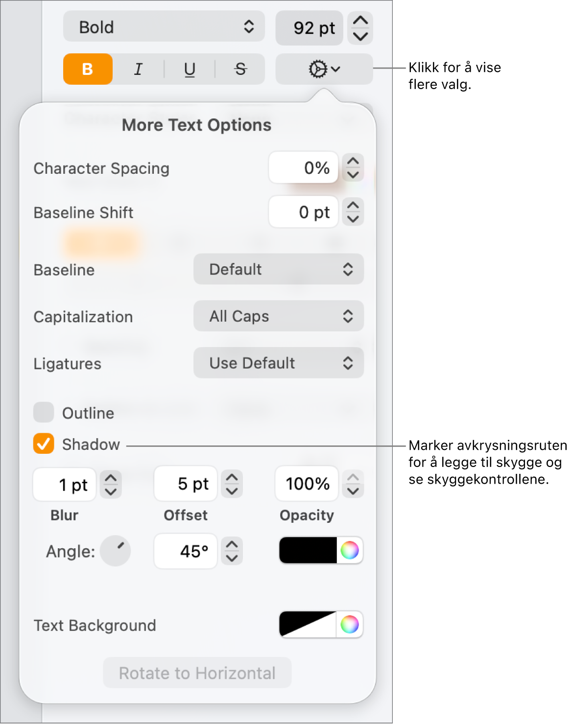 Avanserte valg-menyen åpnes med Skygger-avkrysningsruten markert og viser kontroller for å angi innstillinger for skarphet, forskyvning, opasitet, vinkel og farge.