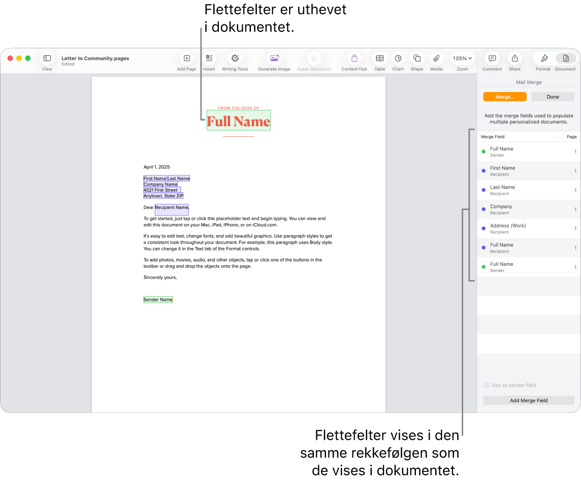 Pages-dokument med flettefelt for mottaker og avsender og en forekomstliste for flettefelt synlig i Dokument-sidepanelet.